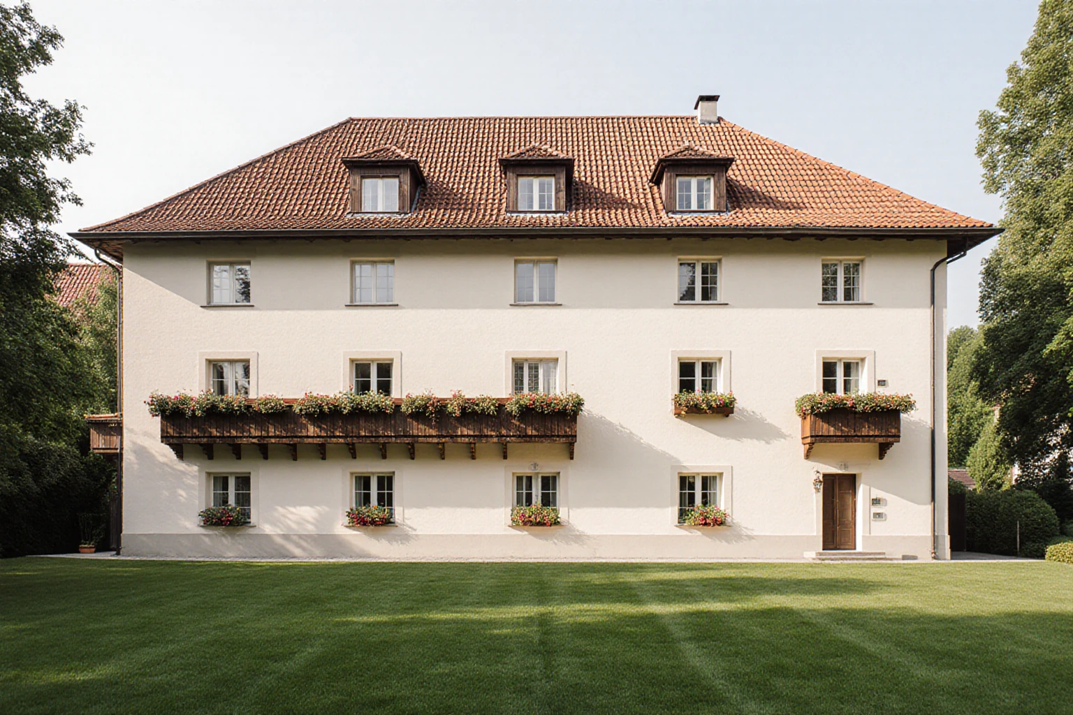 Gartenfassade eines bayerisch geprägten Beherbergungsgebäudes mit Balkonen